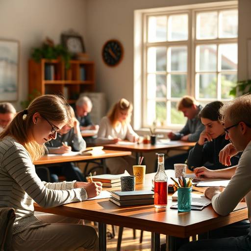 Atelier d'écriture créative en franäais, avec des participants concentrés sur leurs textes.