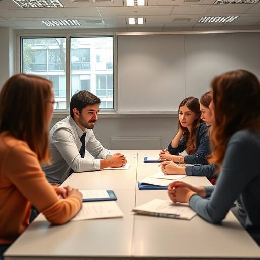 Image d'étudiants en franäais de niveau intermédiaire discutant en groupe dans une salle de classe lumineuse
