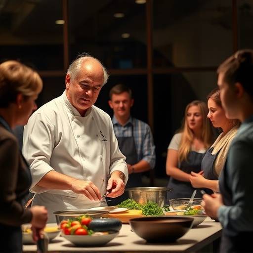 Photo d'un chef cuisinier renommé animant une masterclass de cuisine franäaise, avec des participants attentifs.
