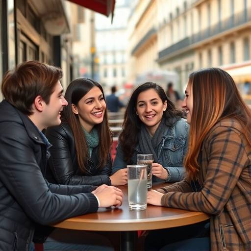 Photo d'un groupe d'étudiants interagissant dans un café parisien, souriant et discutant en franäais.