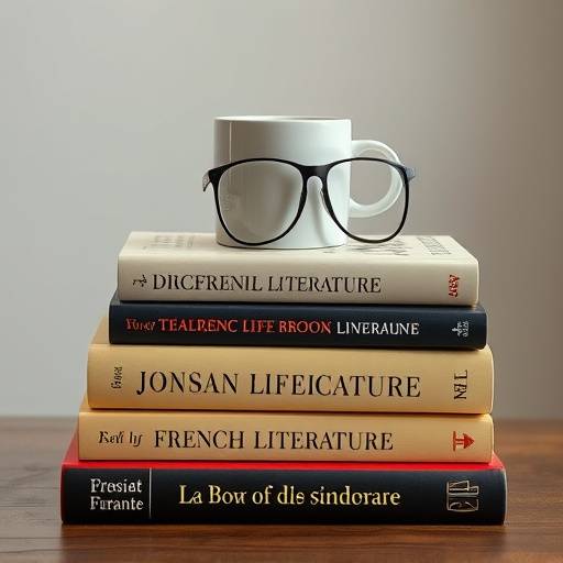 Photo d'une pile de livres de littérature franäaise classique, avec une tasse de café et des lunettes de lecture posées dessus.