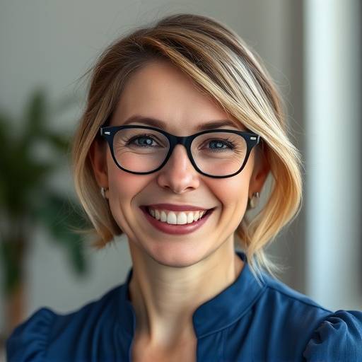 Photo de Madame Isabelle Dubois, souriante, portant des lunettes et un chemisier bleu.