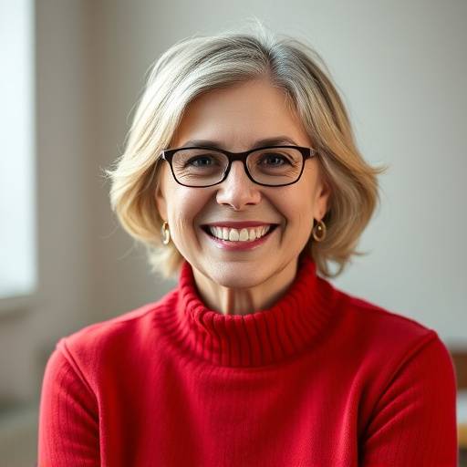 Photo de Madame Sophie Leclerc, professeure de franäais intermédiaire, souriante et portant un pull rouge.