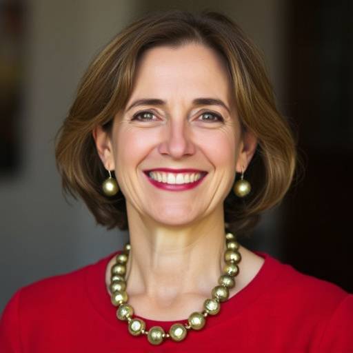 Photo de Madame Sophie Leclerc, souriante, portant un pull rouge et un collier.