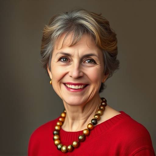 Photo de Madame Sophie Leclerc, souriante, portant un pull rouge et un collier.