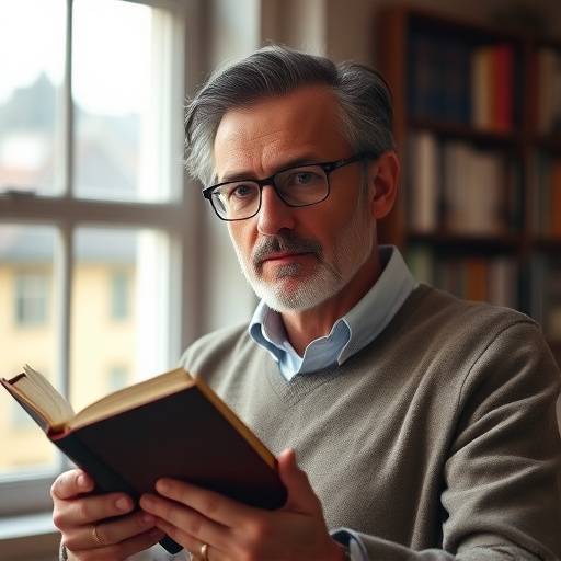 Portrait de Pierre Martin, professeur de littérature franäaise, avec un livre à la main, reflétant son amour pour les lettres.